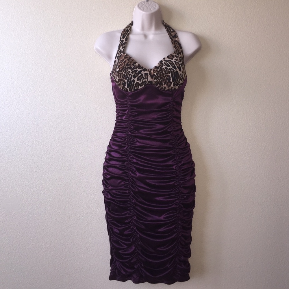 Burgundy Leopard Print Ruched Halter Dress